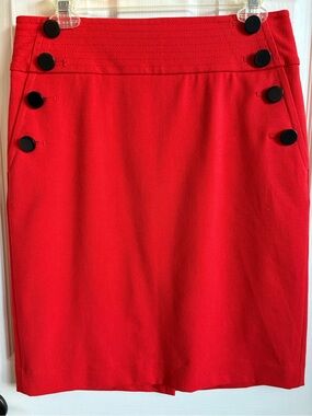 LOFT Red Pencil Skirt with Black Button Accents, Size 6 NWOT